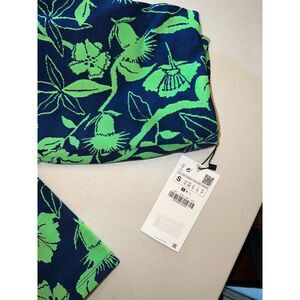 Zara Green Blue Jacquard Floral Print High Waisted Flare Pants Size S NWT